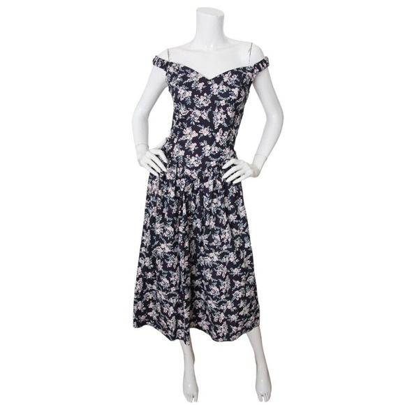 Gunne Sax Dresses & Skirts - Vintage Jessica McClintock Gunne Sax Floral Garden Party Off Shoulder Dress Navy